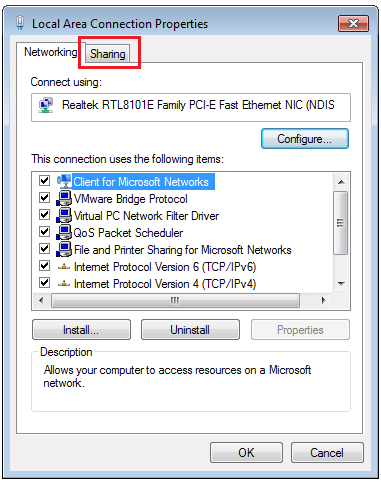 Local Area Connection Properties for Windows 7