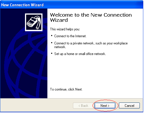New Connection Wizard-Windows XP