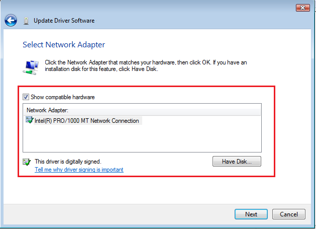 Select Network Driver in Vista