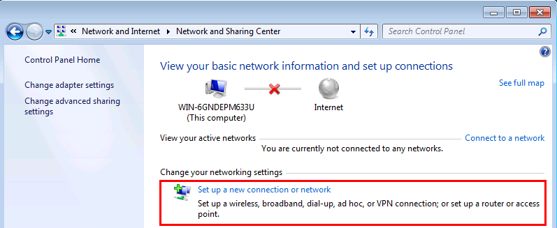 Windows 7 Set up a new connection or network
