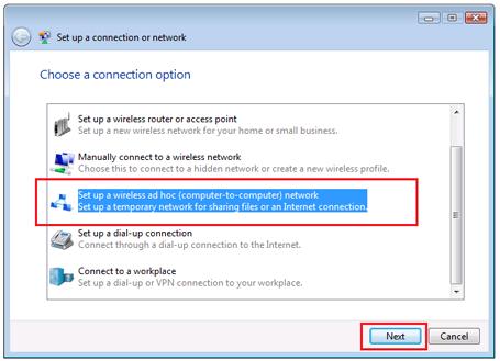 Set up a wireless ad hoc (computer-to-computer) network