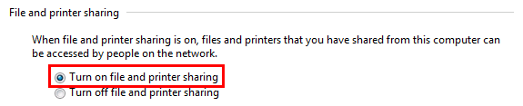 Turn on file and printer sharing