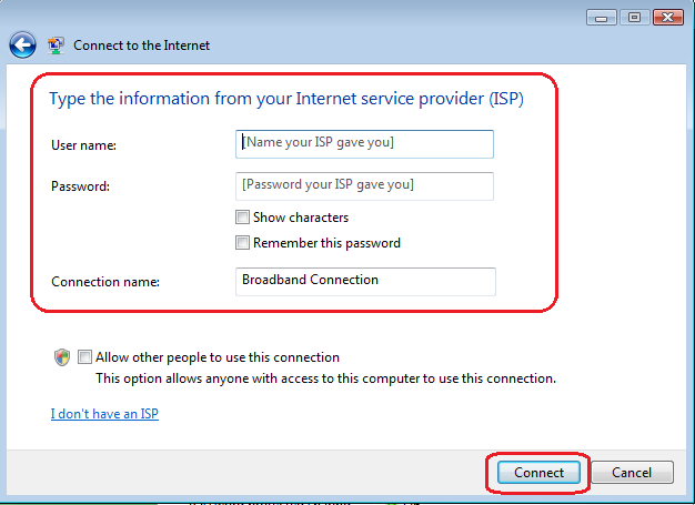 Vista PPPoE Username and Passwor