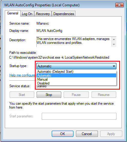 WLAN AutoConfig Service Properties