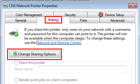 Windows 7 Change Printer Sharing Options