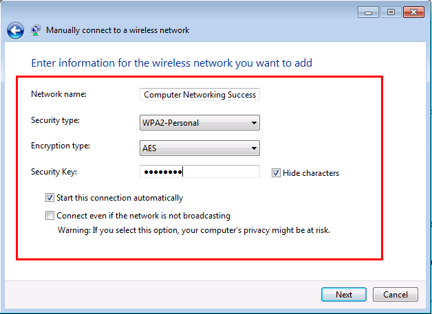 Manually connect to a wireless network in Windows 7