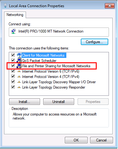 Local Area Connection Properties in Windows 7