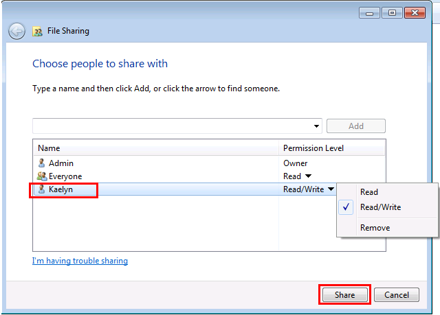 Choose people to share with in Windows 7