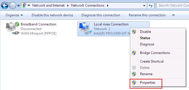 Local Area Connection Properties in Windows 7
