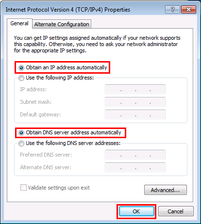 Windows 7 Obtain an IP Address automatically