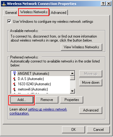 Wireless Networks tab in Windows XP