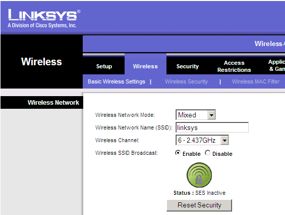 Linksys Basic Wireless Settings